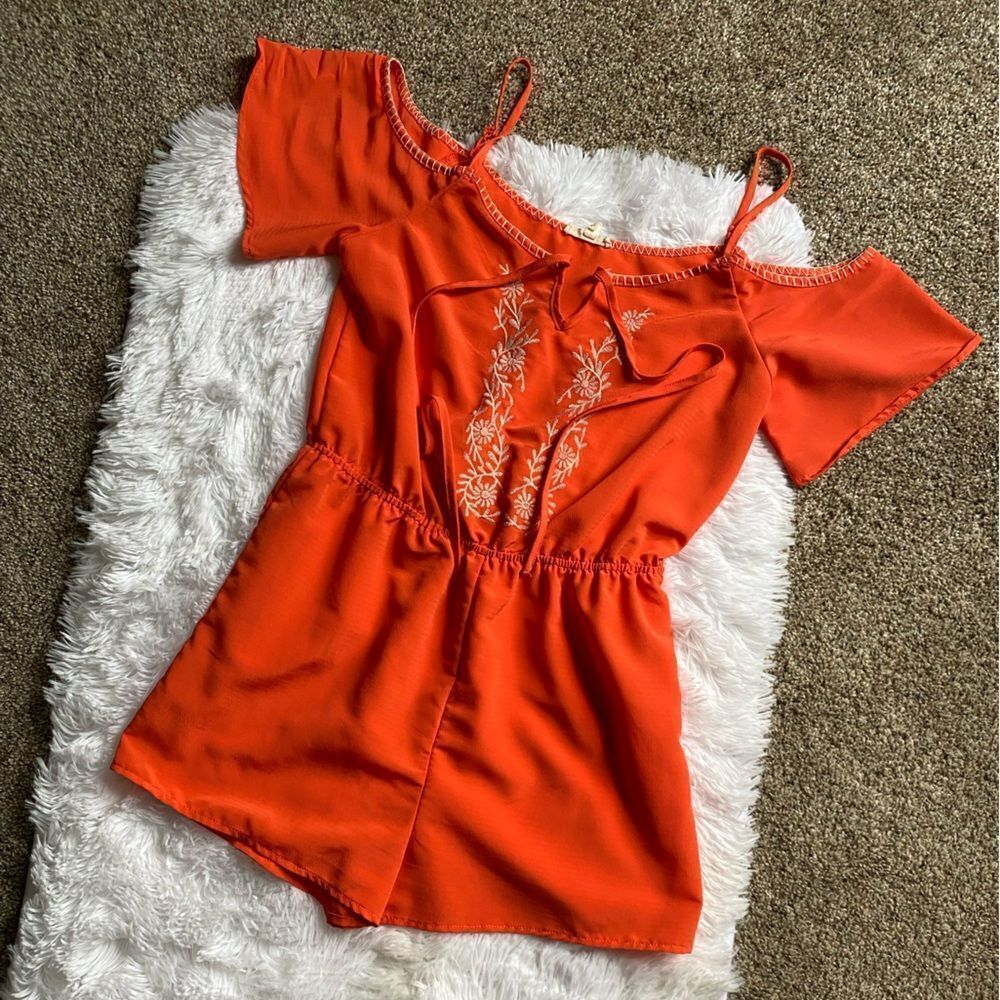 Anthropologie Orange Embroidered Cold-Shoulder Shorts Romper
